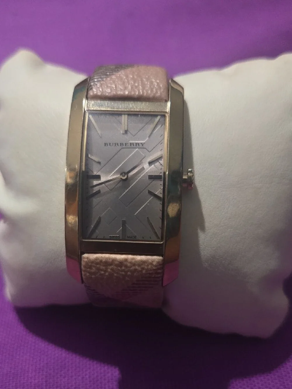 Burberry Beige/Pink Leather Strap Rectangular Silver Dial Watch